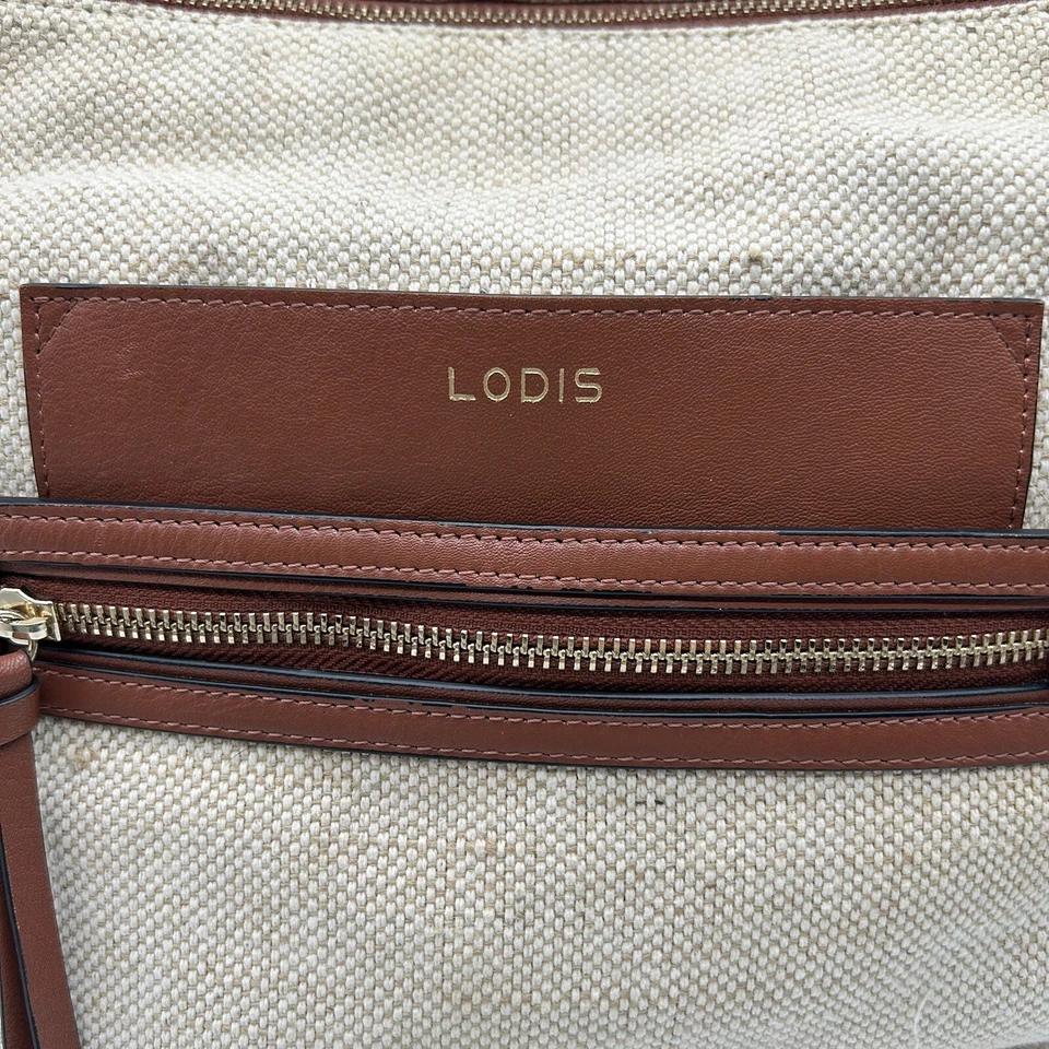 LODIS Mochila Bolso de Mano Cuero Lona Marrón Beige Foto 2 de 4