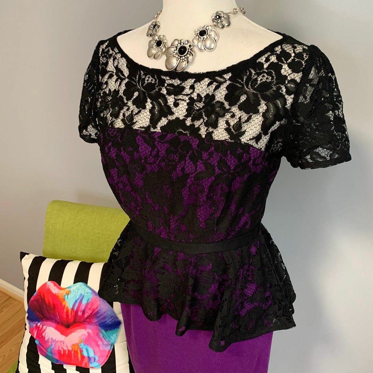 Donna Morgan Purple Black Lace Peplum Dress Size 6 | eBay