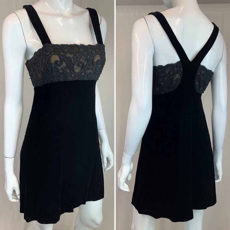 Винтажный 80-х 90-х годов Niteline Della Roufogali 4 черный бархат кружева бисером Shift платье - Изображение 4 из 4