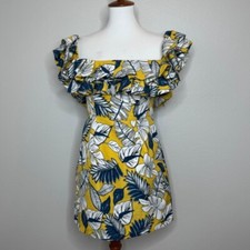 TEA & CUP  Mini Dress SM Square Neck Ruffles Gold Blue Coquette Girl Cap Sleeves