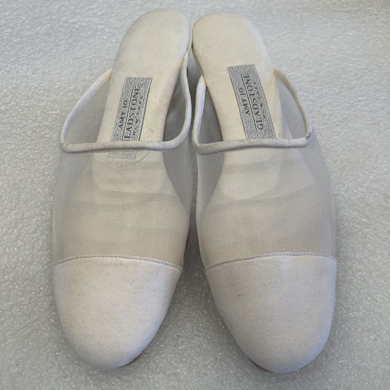 Amy Jo Gladstone Beautiful White Sheer Slides Bridal Shoes Leather Sole Sz M GUC