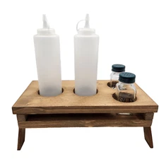 Wooden Mini Picnic Table Condiments Mustard Ketchup Bottles Salt Pepper Shakers 