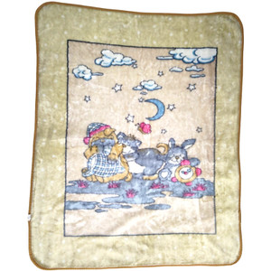 Vtg Mink Yellow Dog Cat Bunny Clouds Blanket 45x52 Clock Polka Dots Soft