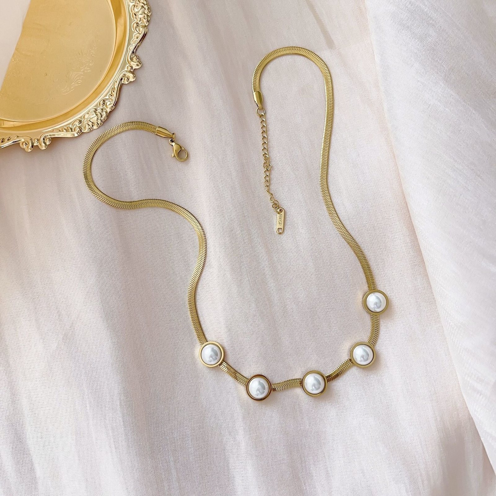 Titanium Steel Necklace Snake Chain With White Freshwater Pearl 18K Gold Plated