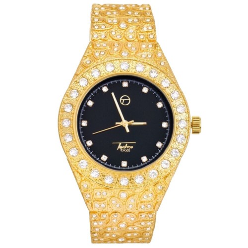ELGIN Mens Gold Tone Bling Iced CZ Rectangle Dress Analog  display picture 2