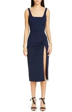 CUSHNIE et Ochs Navy Blue Square Neck Ruched High Slit Midi Cocktail Dress 4 US