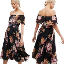ASOS "Bardot" Floral Print Off-the-shoulder Midi Dress - Size 4