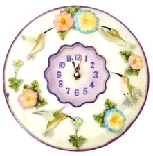 Hummingbirds Clock 8” Round 3D Polystone Flowers Wall Decor Painted Whimsical