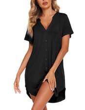 Ekouaer Women Sleep Dress Short Sleeve Nightshirt Deep V Neck Large, Black