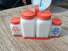 Vtg Milk Glass Salt Pepper Sugar & Flour Set Red Metal Holder Sunburst Sailboats