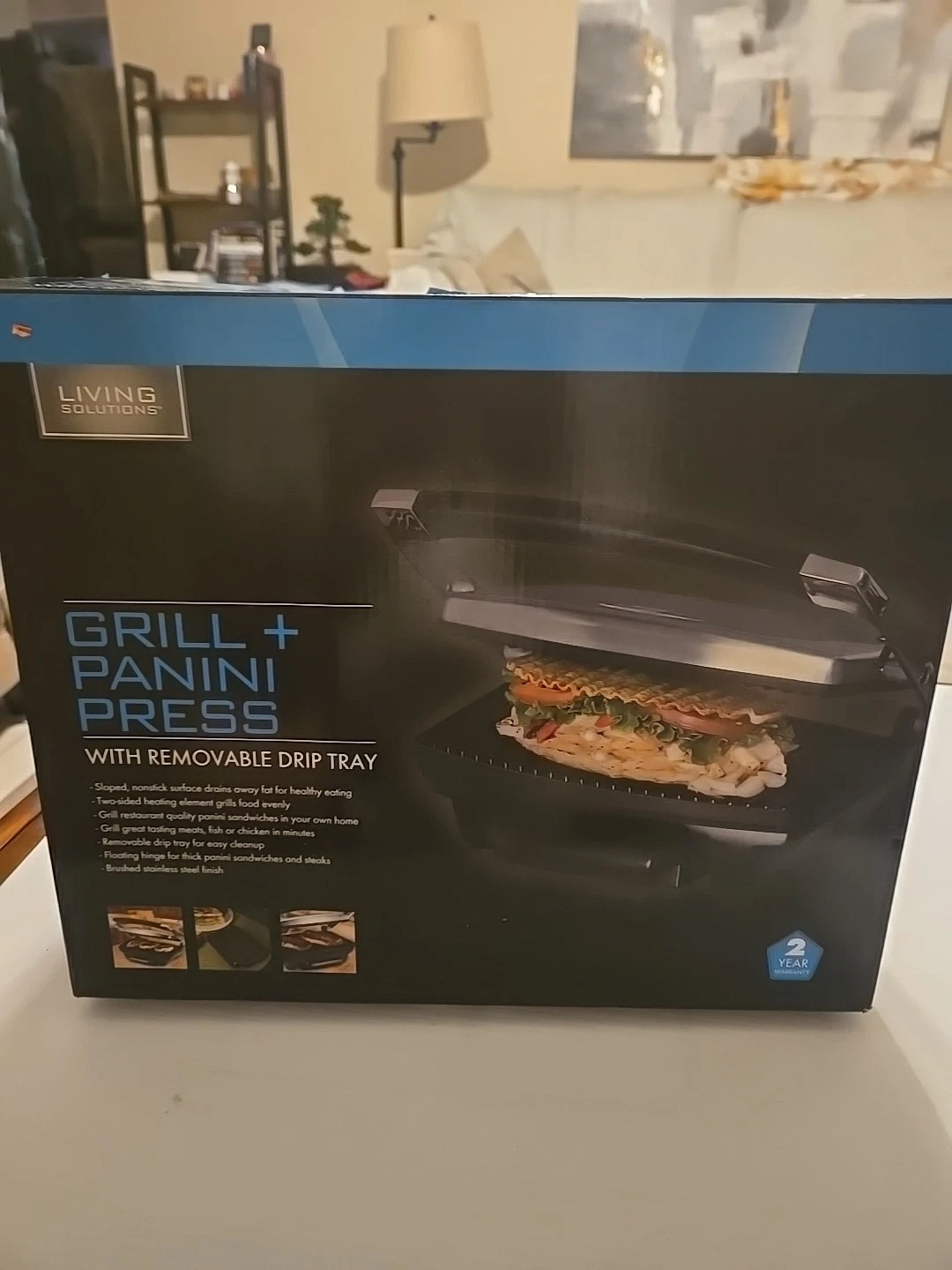 Living Solutions Grill + Panini Press With Removable Drip Tray, New