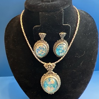 Vintage Stauer Desert Bloom opal pendant Sterling Silver Three Peice Set 