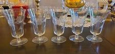 Floral Etched Mid Century Footed Ice Tea Water Parfait Goblets Glasses