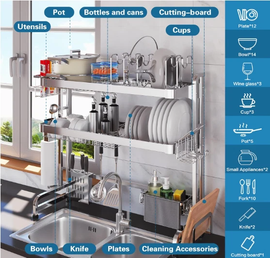 Escurreplatos 3 niveles sobre fregadero, acero inoxidable ajustable. Plateado Foto 4 de 4
