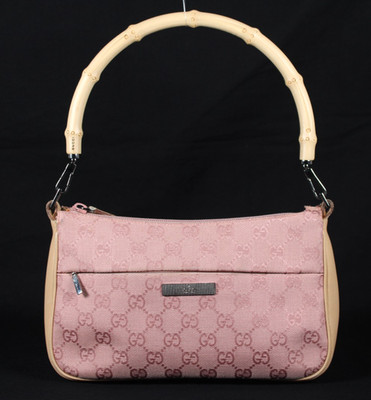 GUCCI by TOM FORD Pink GG Logo Canvas & Beige Leather Bamboo Top Handle Bag