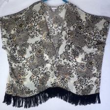 Xhilaration Kimono Blouse Juniors S/M White Floral Sheer Fringe Lightweight