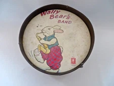 1960s Tin WALLY BEAR'S BAND Toy DRUM NOBLE & COOLEY Bunny & Saxophone 8.5"