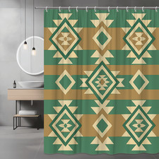 Boho Geometric Shower Curtain in Green and Brown - Waterproof Fabric