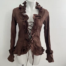 FAIRY GRUNGE RUFFLED LACE UP BLOUSE Top Brown SIZE MEDIUM Womens NWT