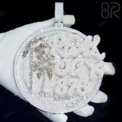 5Ct Round Cut Moissanite Men's Custom Disk Name Pendant 925 Sterling Silver