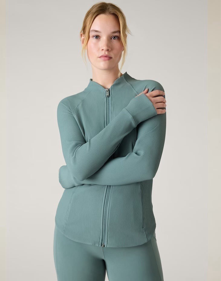 Athleta Zip Up Salutation Jacket Women’s Sz M Sage-Green Ribbed Thumbholes
