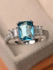 Blue Emerald Cut Cubic Zirconia Ring For Women Size 5 6 7 8 9 10 11 12