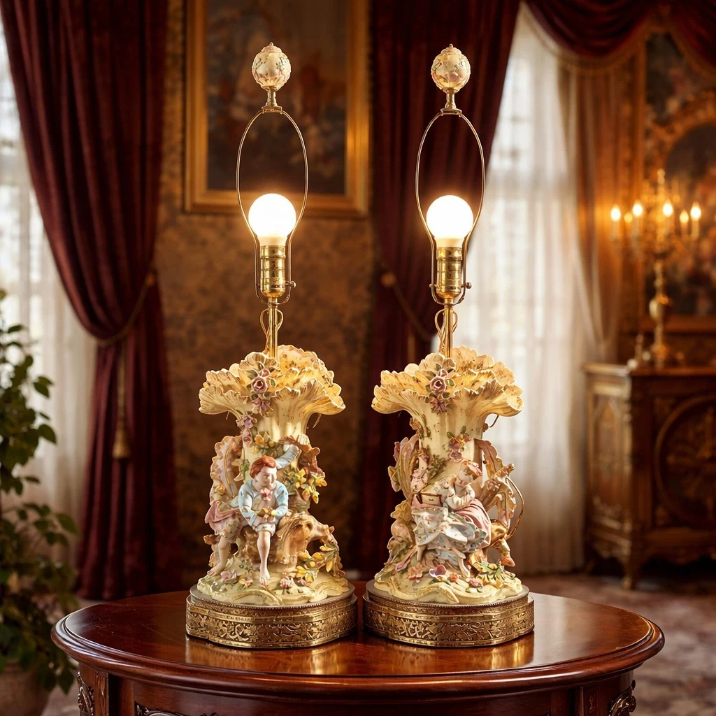 美品　カポディモンテ　シルクシェード　ライト Capodimonte Original Victorian Antique Collectible Lamps for sale