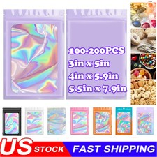 100-200Pcs Resealable Holographic Mylar Foil Bags Smell Proof Zip Seal Pouches