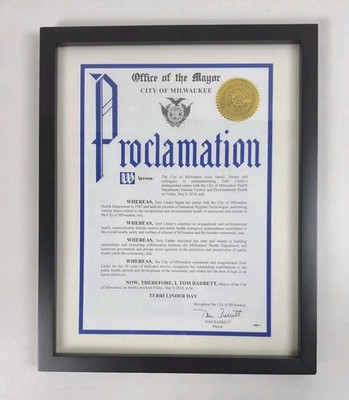 Mayor Tom Barrett Signed Proclamation City Of Milwaukee Terri Linder Day History