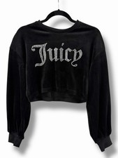 Juicy Couture Black Velour Crop Sweatshirt Rhinestone Logo Gothic Script Small