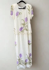 Vintage 80s Dress 6 Silk Floral Tulip Print Beaded Beige Long
