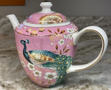 Grace's Teaware Pink With Teal Peacock Coffee Or Teapot Gold Accents 4 Cups New