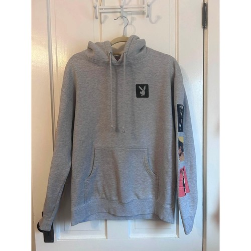 Good Worth Playboy Hoodie Mens Medium Grey Graphic Sleeve Pullover Sweatshirt