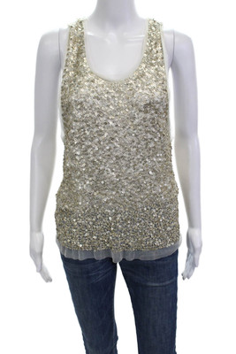 Gryphon New York Womens Beige Sleeveless Tank 100% Nylon Net Round Neck Size L