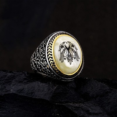 Sterling Silver Double Headed Eagle Seljuk Ring Mother of Pearl Unisex
