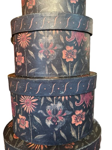 Vintage Bob's Boxes Set/7 Nesting Stacking Boxes Black w/ Iris Flowers - Nice - Picture 3 of 9