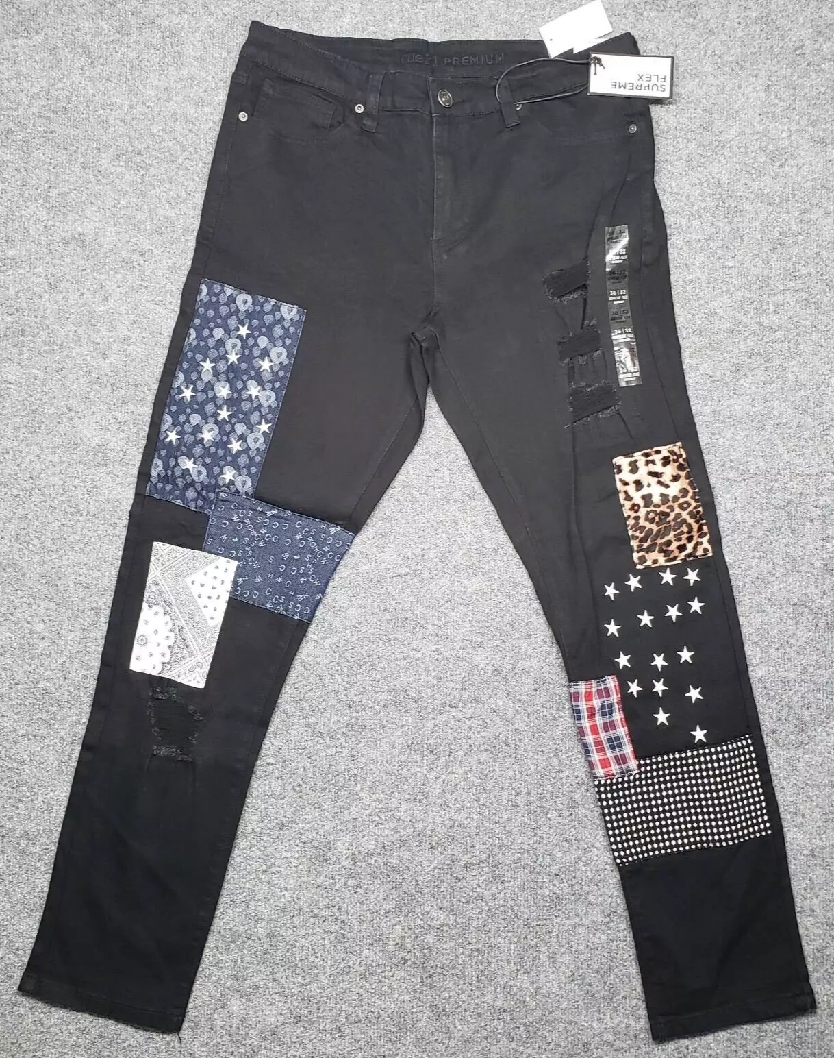 Jean Rue21 homme 36X32 noir denim supreme flex skinny patchs vieilli neuf