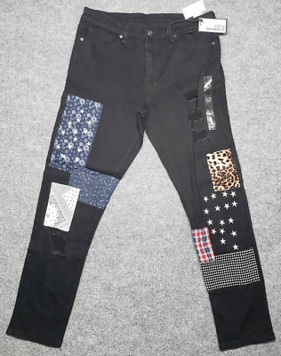 Rue21 Jeans Mens 36X32 Black Denim Supreme Flex Skinny Distressed Patches New