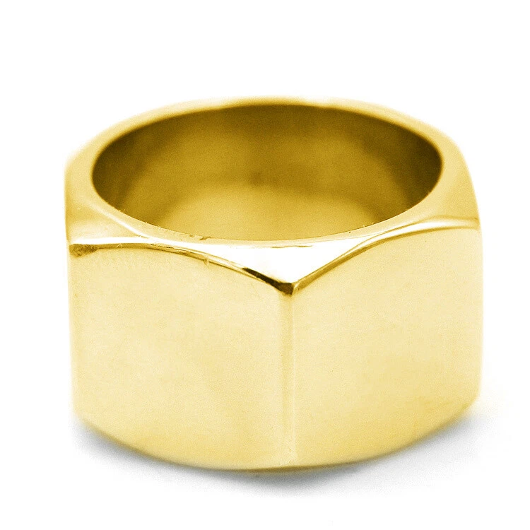 Anillo de boda hip hop punk enchapado en oro de 13 mm de titanio pulido para hombre con forma de tuerca grande Foto 3 de 4