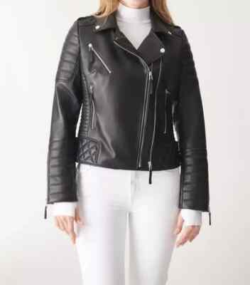 Women's Classic Black Moto Leather Jacket 100%Real Lambskin Quilted Biker  Jacket