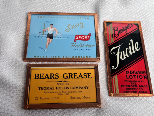 3 Original Antique Storz After Shave Bears Grease Adverts Framed Label Magnets - Picture 1 of 13