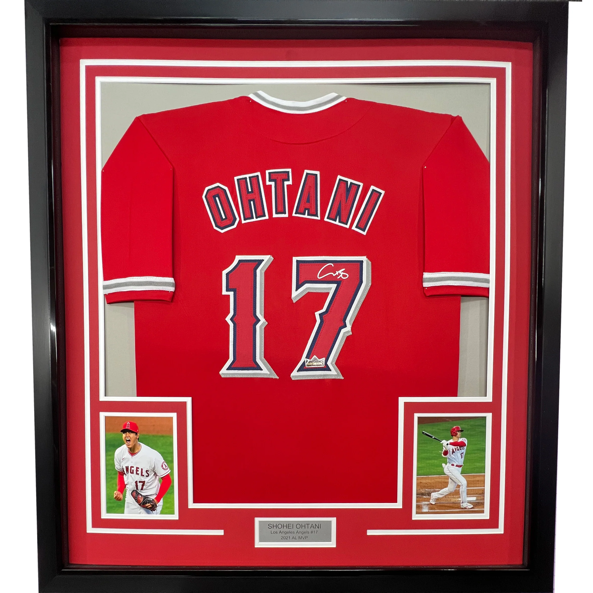 Framed Facsimile Autographed Shohei Ohtani 33x42 Red Reprint Laser