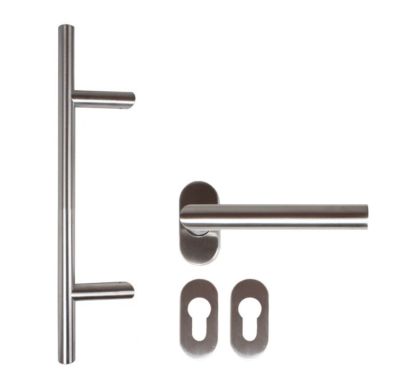 Edelstahl Stoßgriff SET 350 mm Griffstange Haustürbeschlag Stangengriff + Klinke