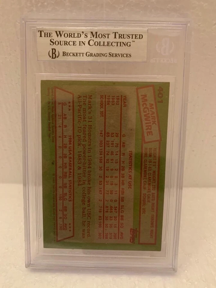 Tarjeta de novato firmada por Mark McGwire 1985 Topps #401 del equipo de EE. UU. BAS Beckett testigo Foto 2 de 2