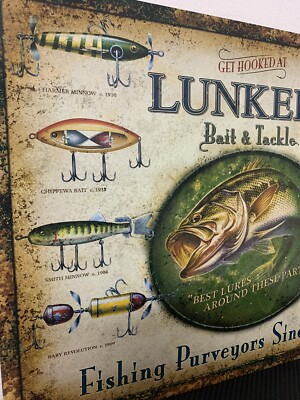 Lunker's Lures Bait & Tackle Vintage Fishing Retro Tin Metal Sign 16x12.5  NEW! | eBay