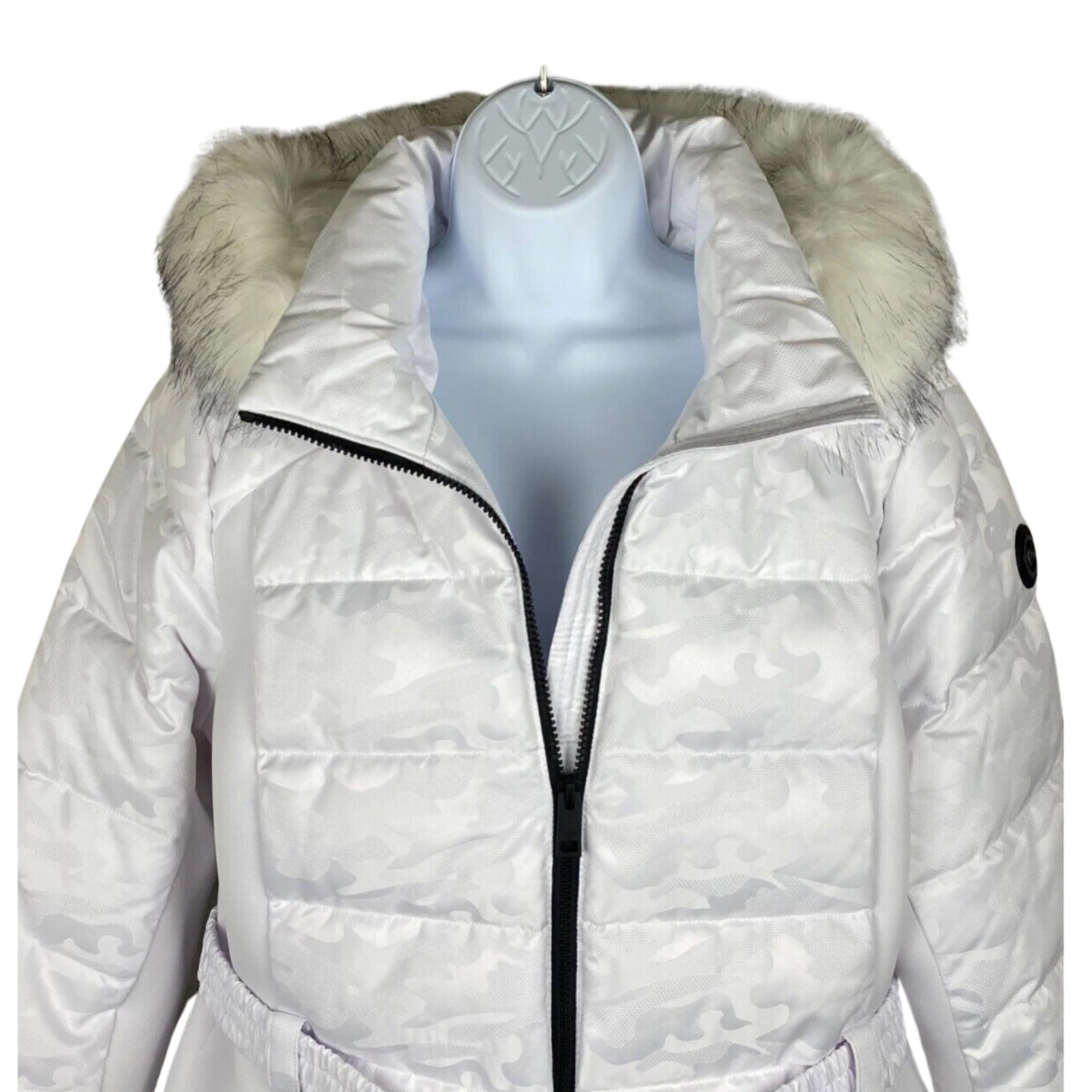 Michael Kors Puffer Jacket cappuccio staccabile MK cintura mimetica bianca pelliccia sintetica bordo 1X