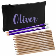 Personalised Black Canvas Pencil Case with 12 Colouring  2 HB Purple Pencils