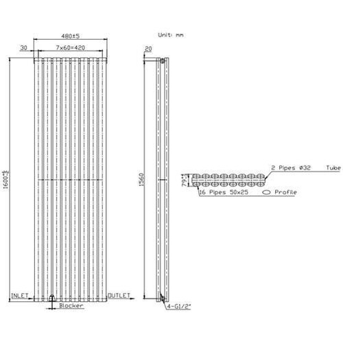 Radiatore design verticale bianco 1600 x 480 mm doppia colonna ovale riscaldamento centralizzato - Foto 7 di 13