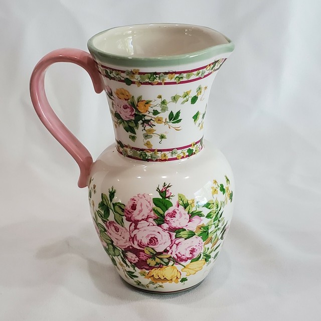 Laura Ashley Ceramic English Country Floral Pitcher Vase Pink Green