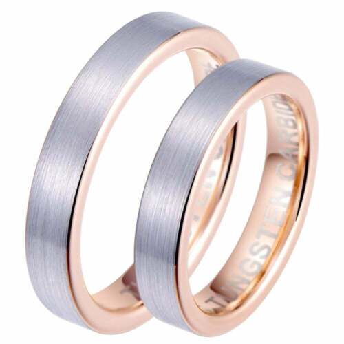 His Hers Matching 4mm Tungsten Carbide Rose Gold Couples Wedding Ring Set - Afbeelding 1 van 5